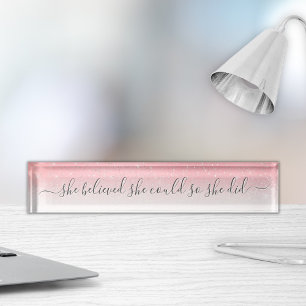 She Believed She Could Quote Pink Silver Glitter Nameplate