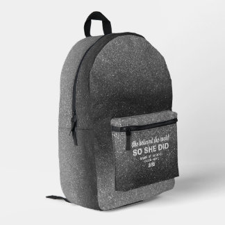 She Believed She Could Silver Black Glitter Printed Backpack