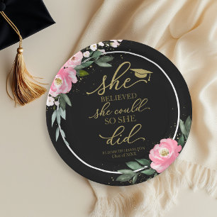 She Believed She Could So She Did Grad Party Black Paper Plate