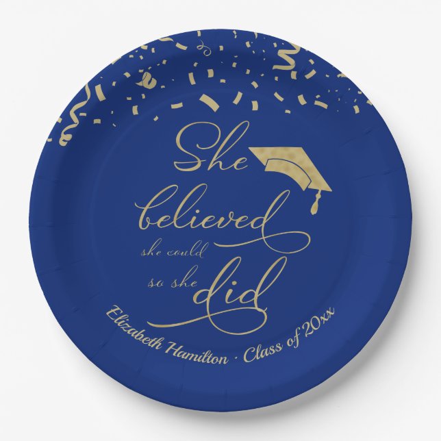 She Believed She Could So She Did Grad Party Blue Paper Plate (Front)