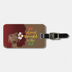 She Believed She Could So She Did, Red Afro, Brown Luggage Tag