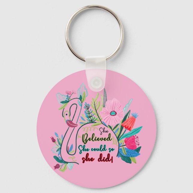 She Believed She Could So She Did Swan with Flower Key Ring (Front)