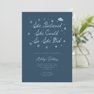 She Believed Typography Navy Blue Graduation Party Invitation