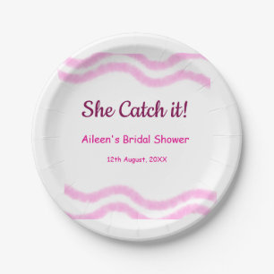 She Catch it pink spiral watercolor lines bridal Paper Plate