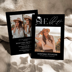 She Did It Black 3 Photo Graduation Party Invitation
