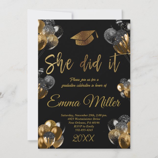 She Did It - Black and Gold Balloons Graduation Invitation (Front)