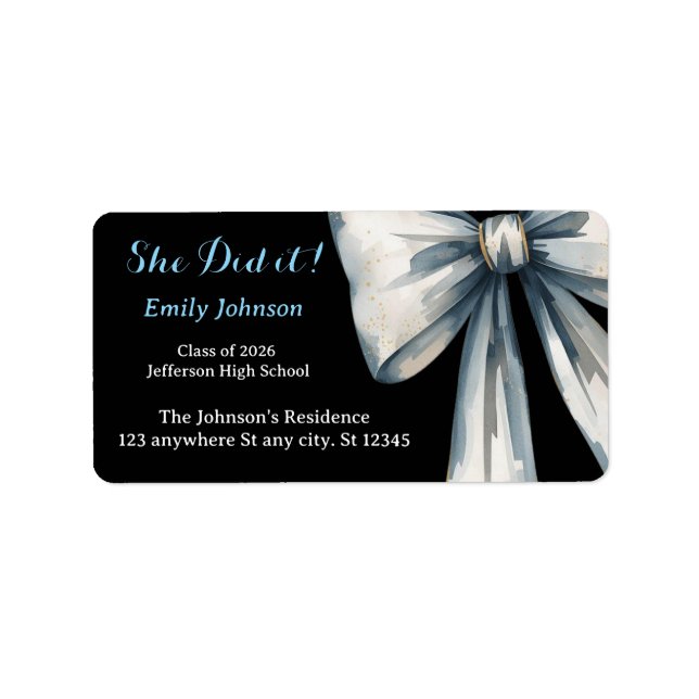 She did it Black Graduation Photo Blue Bow  Label (Front)