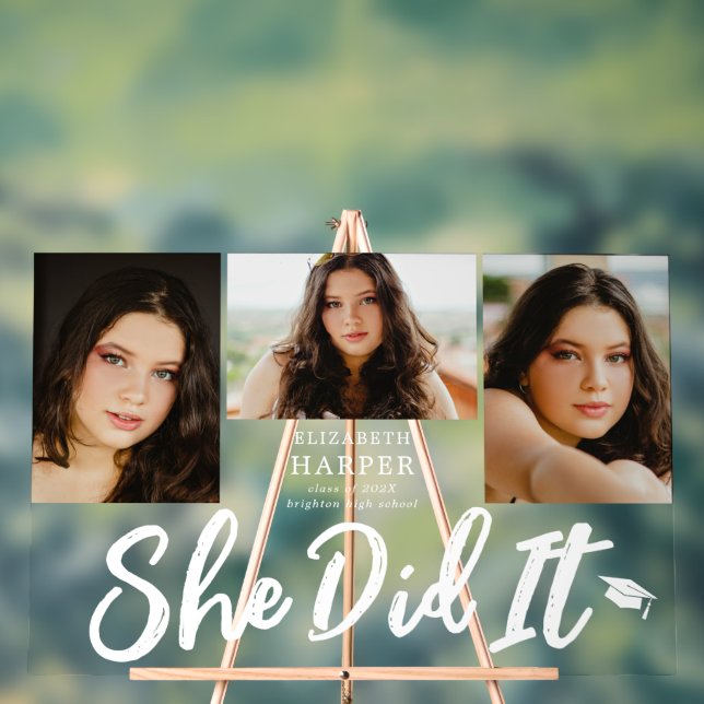 She Did It Brush Script 3 Photo Graduation  Acrylic Sign (Neutral)