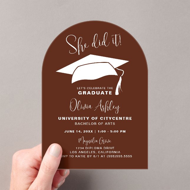 She Did It Burgundy Graduation Acrylic Invitations (Insitu (Handheld))