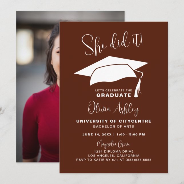 She Did It Burgundy Photo Graduation Invitation (Front/Back)