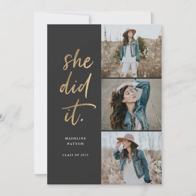 She Did It Gold & Black Graduation Announcement (Front)