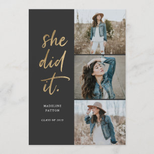 She Did It Gold & Black Graduation Announcement