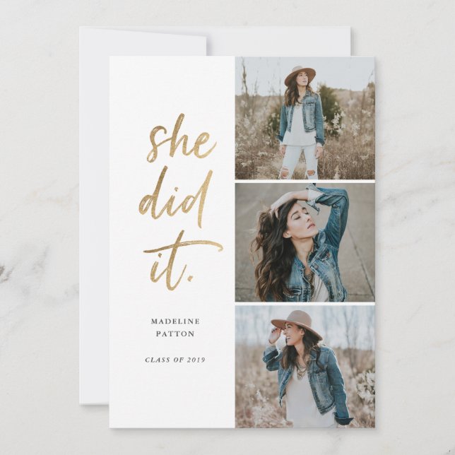 She Did It Gold & White Graduation Announcement (Front)