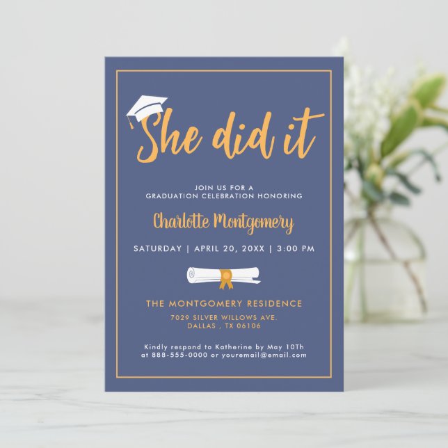 She Did It Grad Cap Dusty Blue Graduation Photo Invitation (Standing Front)
