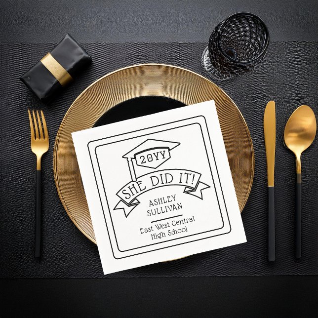 She Did It Grad Cap Graduation Name | School  Napkin (Black and White Grad Cap "She Did It!" Graduation Name and Class Year with School Paper Napkins)