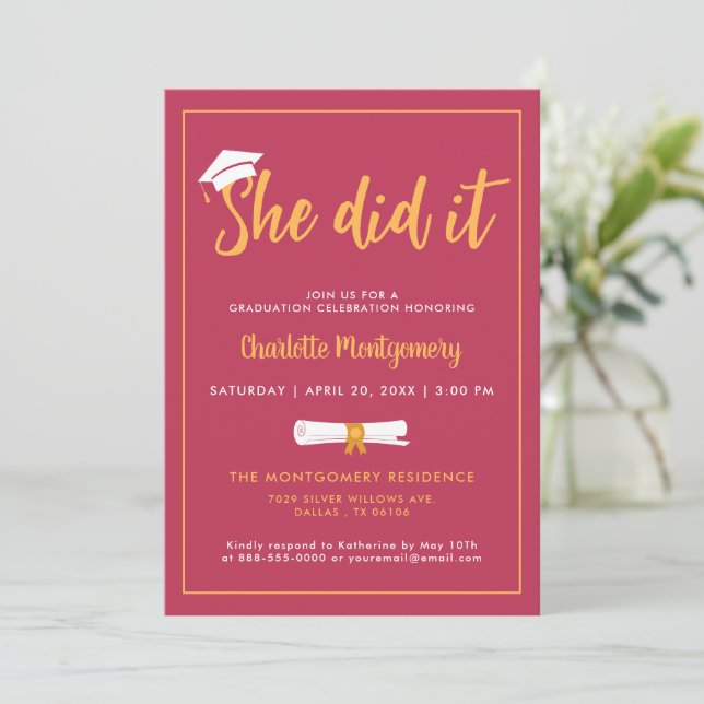 She Did It Grad Cap Magenta Graduation Party Photo Invitation (Standing Front)