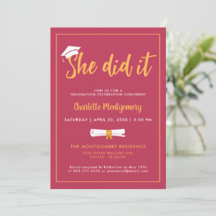 She Did It Grad Cap Magenta Graduation Party Photo Invitation