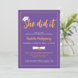 She Did It Grad Cap Purple Graduation Party Photo Invitation