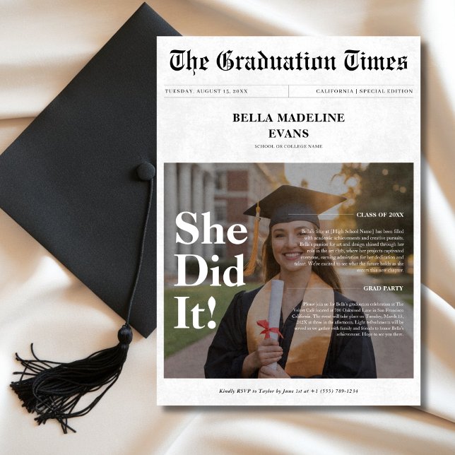 She Did It Graduation 2025 Newspaper Overlay Photo Invitation (Creator Uploaded)