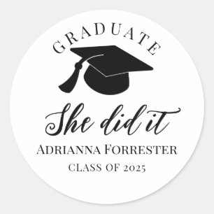 She Did It Graduation Hat Elegant Typography Classic Round Sticker