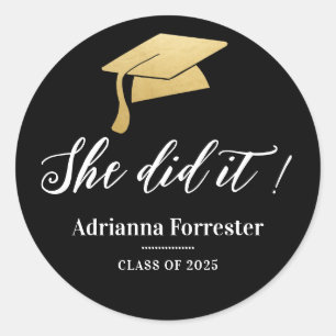 She Did It Graduation Hat Faux Gold Foil Black Classic Round Sticker