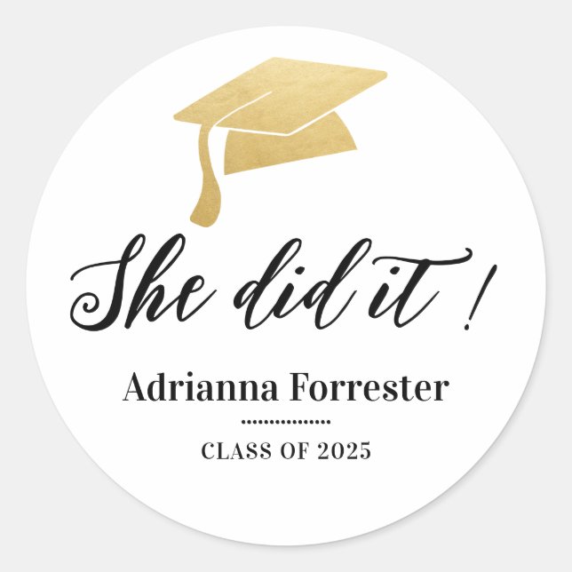 She Did It Graduation Hat Faux Gold Foil Thank You Classic Round Sticker (Front)
