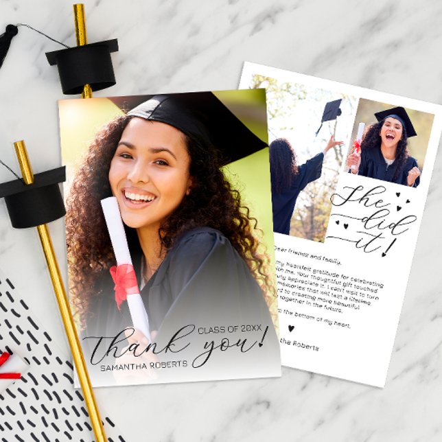 She Did It! Heart Script Class of 2025 Graduation  Thank You Card (Graduation Thank You Card)