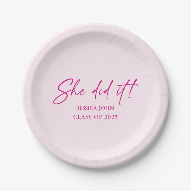 She did it minimal cute pink Graduation  Paper Plate (Front)