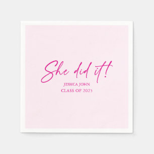 She did it minimal cute pink Graduation Party Napkin
