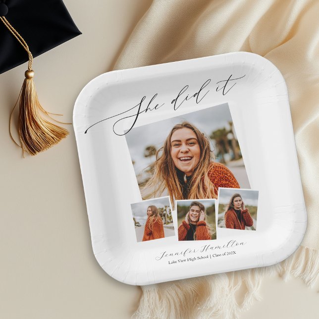 She Did It Minimalist Photo Grad Party  Paper Plate (Creator Uploaded)