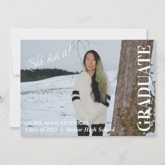 She Did It! Minimalist Text Graduate Photo    Invitation (Front)
