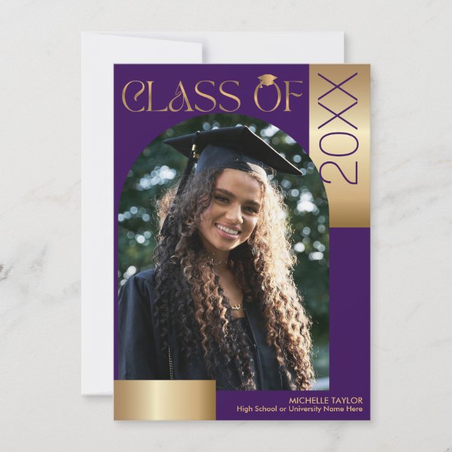 She Did It Modern Arch Photo Purple Graduation Invitation (Front)