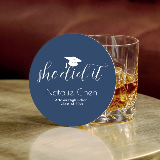 She did It Modern Blue Elegant Graduation Round Paper Coaster (Creator Uploaded)