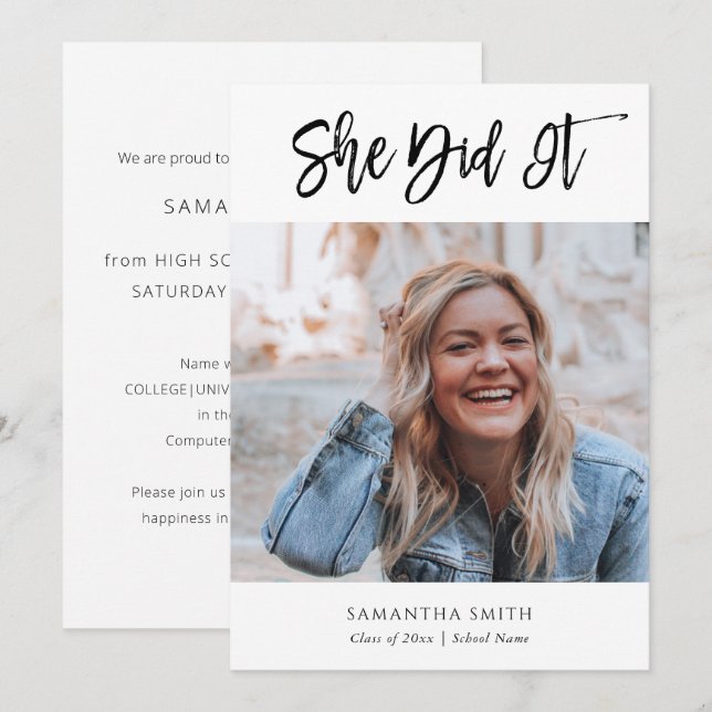 She Did It Modern Calligraphy Photo Graduation Announcement (Front/Back)
