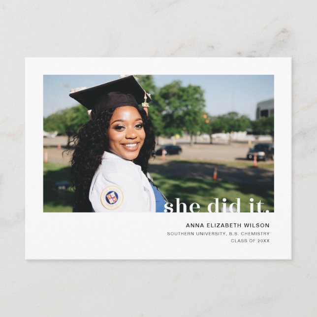She Did It Modern Photo Graduation Postcard (Front)