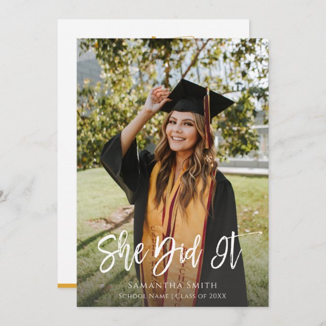 She Did It Modern Script Photo Graduation Invitation (Front/Back)