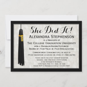 She Did It Modern Womens Tassel College Graduation Invitation