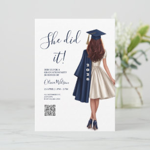 She Did It   Navy Blue Elegant Girl Graduation Invitation