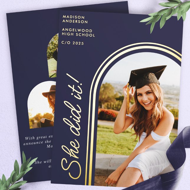 She Did It Navy Blue Modern Arch Photo Graduation (Creator Uploaded)