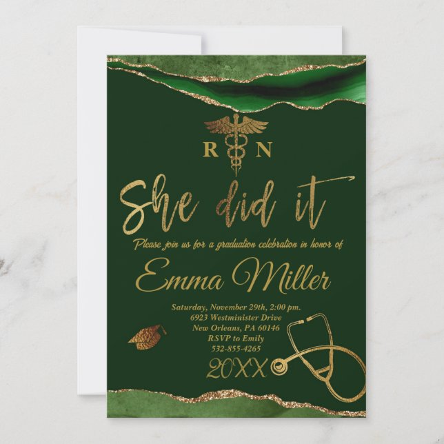 She Did It - Nursing School Green &Gold Graduation Invitation (Front)