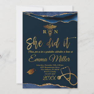 She Did It - Nursing School Navy & Gold Graduation Invitation