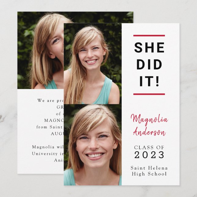 She Did It Photo Graduation Announcement (Front/Back)