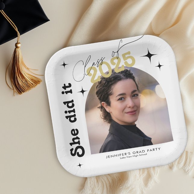 She Did It Photo Graduation Party Retro Paper Plate (Creator Uploaded)