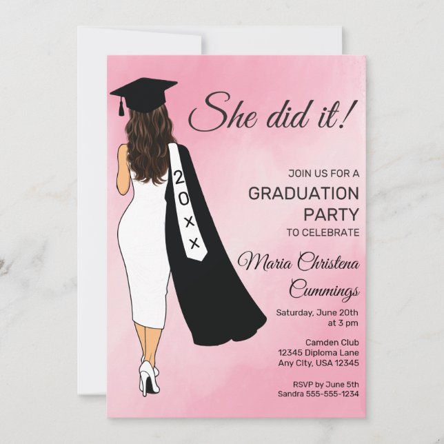 She Did It Pink Graduation Invitation (Front)