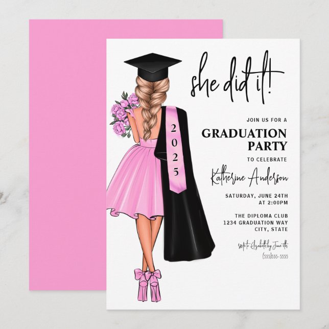 She Did It Pink Graduation Party Invitation (Front/Back)