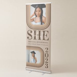She Did It Retro Brown and Neutral Graduation Retractable Banner