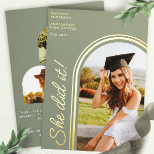 She Did It Sage Green Modern Arch Photo Graduation
