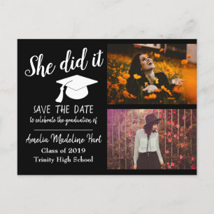 She Did It   Save The Date Graduation Photo Black Postcard