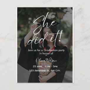 She Did It Script Fully Editable Graduation  Invitation Postcard