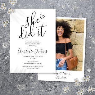 She Did It Script Heart Photo Graduation Party Invitation